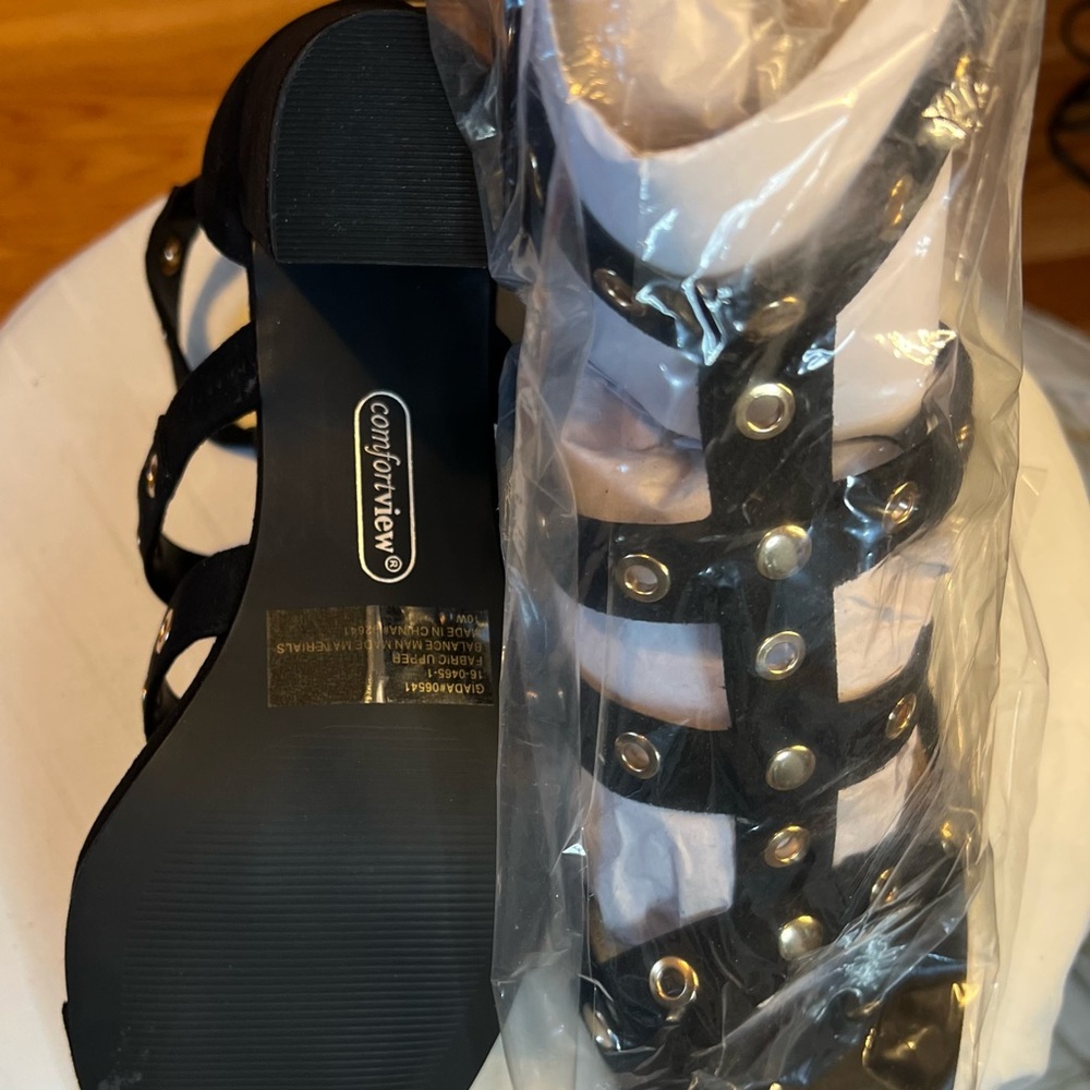 JustFab Black Gladiator Sandals with Gold Accents